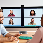 **Prompt:** A diverse, dynamic self-managed team collaboratively working in a modern hybrid environment. Some members are seen on video calls from their home offices, while others are interacting with a large digital shared workspace or a whiteboard in a bright, open co-working space. The scene emphasizes seamless communication, shared responsibility, and high productivity without a visible traditional manager. The atmosphere is energetic, innovative, and focused on collective success.