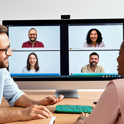 **Prompt:** A diverse, dynamic self-managed team collaboratively working in a modern hybrid environment. Some members are seen on video calls from their home offices, while others are interacting with a large digital shared workspace or a whiteboard in a bright, open co-working space. The scene emphasizes seamless communication, shared responsibility, and high productivity without a visible traditional manager. The atmosphere is energetic, innovative, and focused on collective success.
