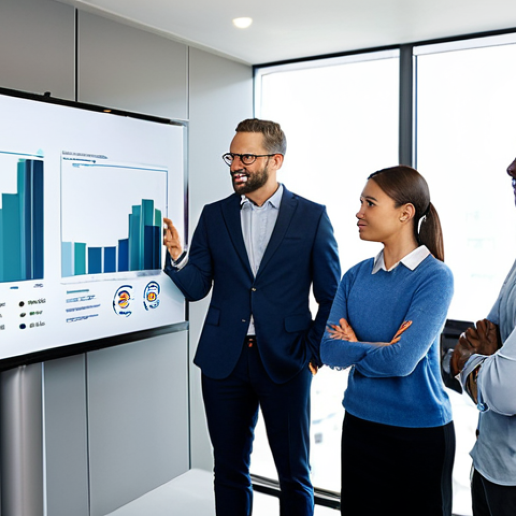A diverse team of professionals, comprising men and women of various ethnicities, engaged in a collaborative brainstorming session in a modern, well-lit hybrid office environment. They are actively discussing ideas around a large digital display showcasing project progress charts. Each team member is fully clothed in modest business attire, looking focused and engaged, emphasizing shared ownership, trust, and transparent communication. Professional photography, high quality, perfect anatomy, correct proportions, natural pose, well-formed hands, proper finger count, natural body proportions, safe for work, appropriate content, fully clothed, professional, family-friendly.