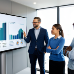 A diverse team of professionals, comprising men and women of various ethnicities, engaged in a collaborative brainstorming session in a modern, well-lit hybrid office environment. They are actively discussing ideas around a large digital display showcasing project progress charts. Each team member is fully clothed in modest business attire, looking focused and engaged, emphasizing shared ownership, trust, and transparent communication. Professional photography, high quality, perfect anatomy, correct proportions, natural pose, well-formed hands, proper finger count, natural body proportions, safe for work, appropriate content, fully clothed, professional, family-friendly.